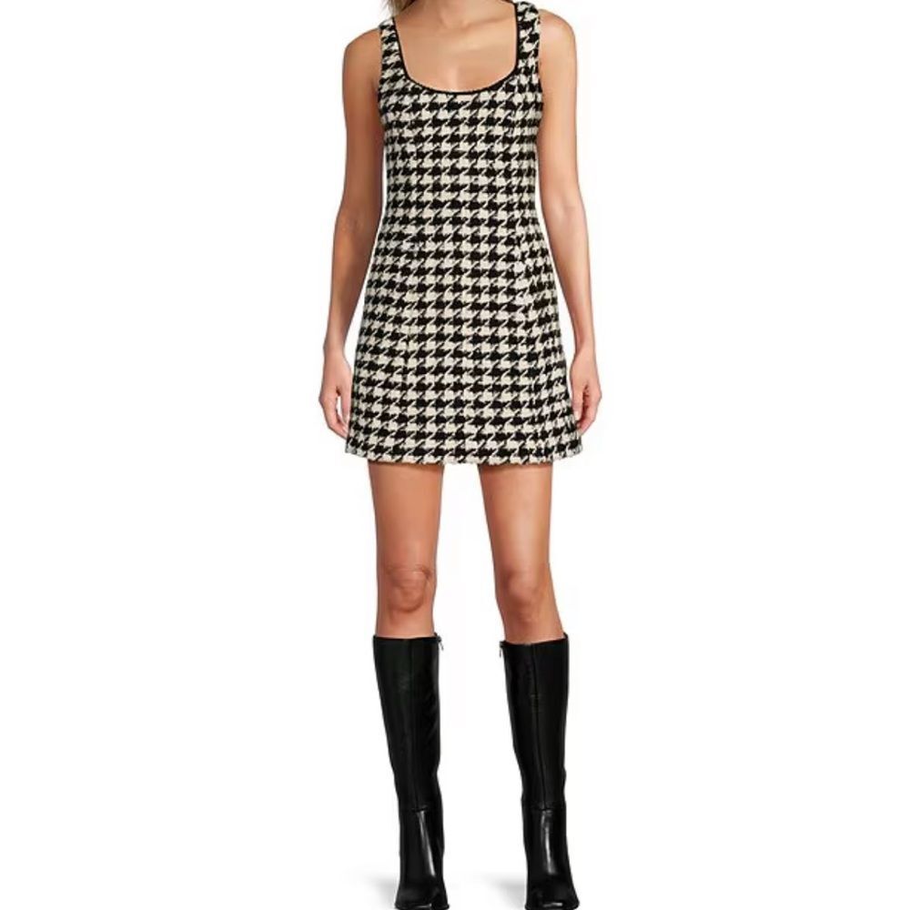 🟡 ANTONIO MELANI MACY Wool Blend Houndstooth Square Neck Sleeveless Mini Sheath